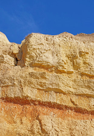 colored sand layers in the shoreline against the skyの写真素材