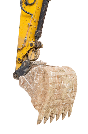 part of modern yellow excavator machines isolated on white backgroundの写真素材