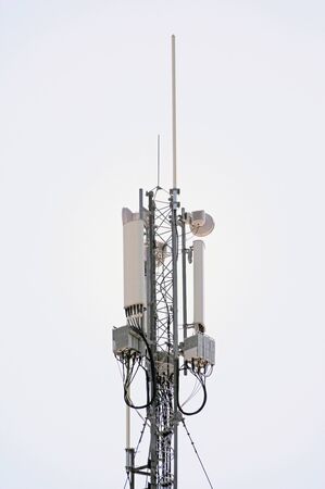 Tower with aerials of cellular on white background