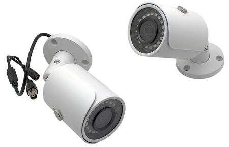 Spherical IP security cameras on white backgroundの写真素材