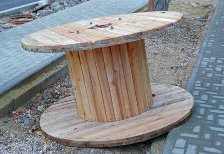 the new Wooden cable coil on construction siteの写真素材