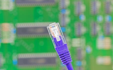 blue network connector wire on background electronic circuit board