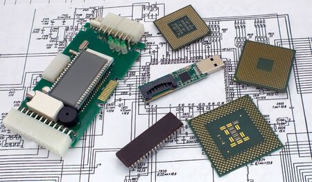 Printed circuit board with electronic chips, electronics components and electronic scheme
