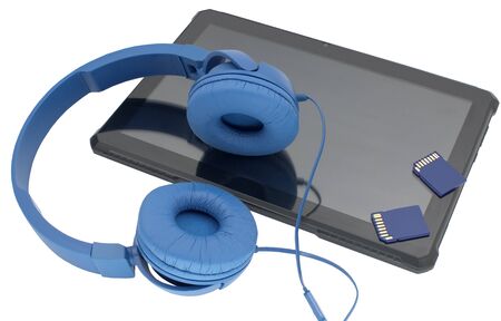 Black tablet computer, headphones and SD memory cards on white backgroundの写真素材