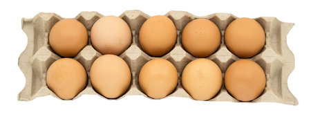 Brown eggs in the box isolated on a white backgroundの写真素材