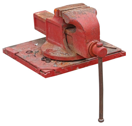 old steel vise on white backgroundの写真素材