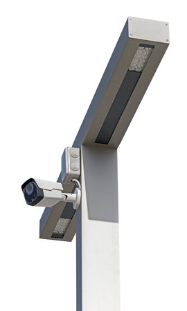 IP security camera and led Street lantern mounted on a white backgroundの写真素材