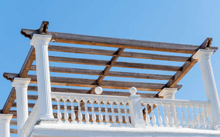 Wooden pavilion, wood pergola for sun protection on the beachの写真素材