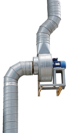 large industrial shiny metal pipes on white background