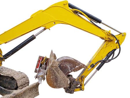part of modern yellow excavator machines isolated on whiteの写真素材