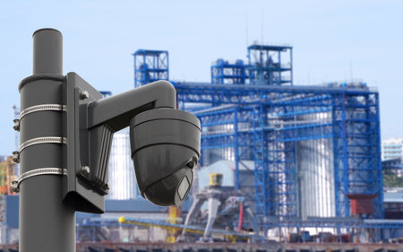 Security cameras for the safety and elevating complex for transshipment of grain and oilseeds as backgroundの写真素材