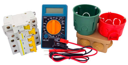 Electrical modular circuit breaker, digital multimeter and plastic electrical junction boxes on...