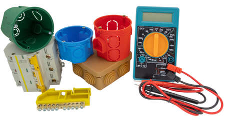 Electrical modular circuit breaker, digital multimeter and plastic electrical junction boxes on...