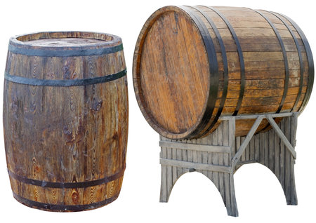 Old wooden barrels on white backgroundの写真素材