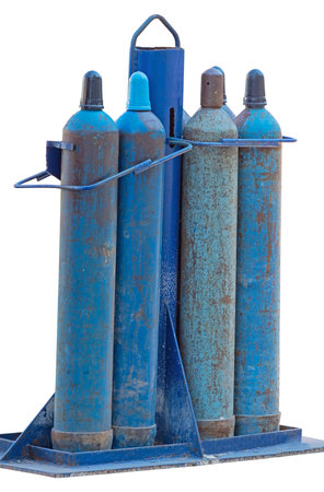blue metal oxygen cylinders for welding on white background