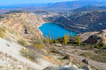 Open pit mine for mining of crushed stoneの写真素材