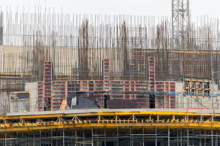 Construction of buildings using monolithic technology. Reinforced concrete frame of the building,...