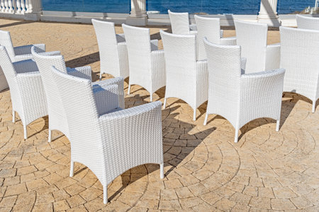 Summer outdoor terrace cafe on the beach of the oceanの写真素材