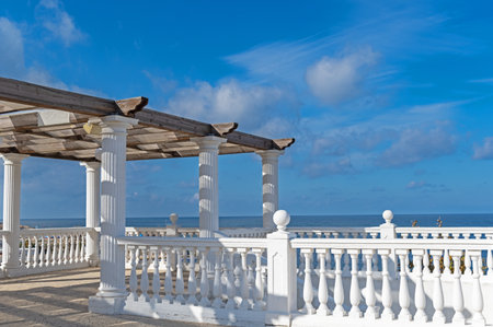 Summer outdoor terrace cafe on the beach of the oceanの写真素材