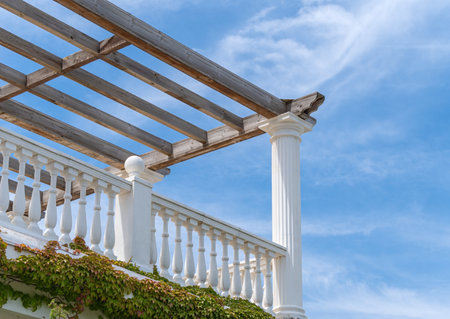 Wooden pavilion, wood pergola for sun protection on the beachの写真素材
