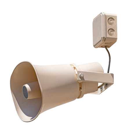 Outdoor public announcement communication system loudspeaker on white backgroundの写真素材