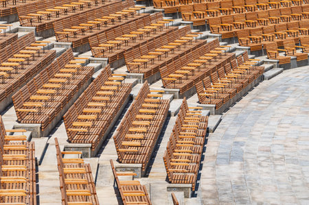New wooden benches in the open-air amphitheaterの写真素材