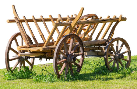 the Ancient wooden cart on white backgroundの写真素材
