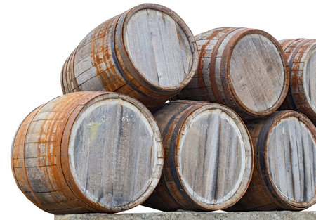 Groups old wooden barrel for champagne, wine, whiskey, beer, with steel ring on white background.
