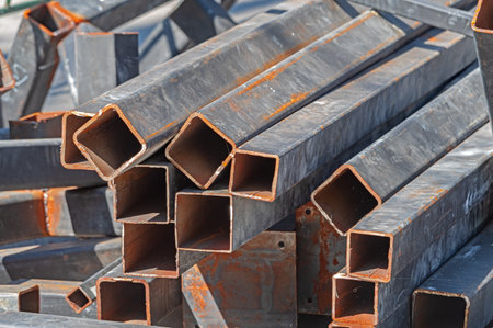 A product group of steel pipes, including square pipes and construction steel products like black steel pipesの写真素材