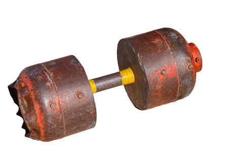 Authentic homemade sports dumbbells on white backgroundの写真素材