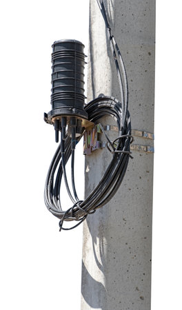 Closure Optical Fiber with black cable isolated on white backgroundの写真素材