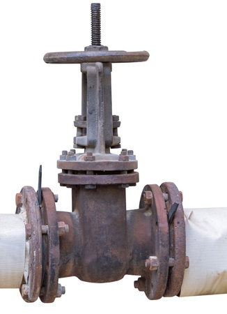 old metal pipe with valve on white background