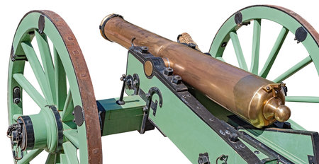 Ancient wheeled cast iron cannon isolated on white background