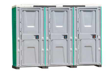 Three bio-toilet stalls on white backgroundの写真素材