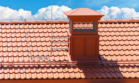 house with a roof from a red shingles with a pipe on background of blue skyの写真素材