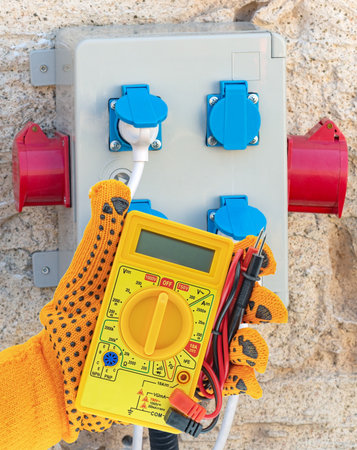 A gloved hand with a multimeter on the background of an electric shield