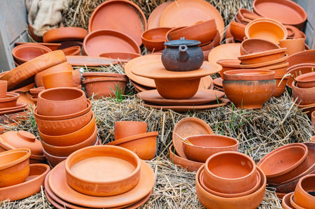 handmade fired clay tableware at the fairの写真素材