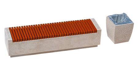 Park Bench and garbage container on white backgroundの写真素材