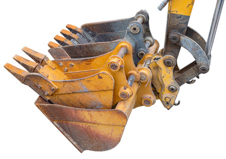 bucket of a modern excavator on a white backgroundの写真素材