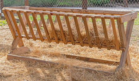Wooden hay feeder with straw in a grassy field, used for feeding wild or domestic animals in rural outdoor environments.の写真素材