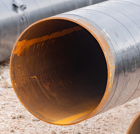 Metal pipe for wastewater and water piping lies on the construction site