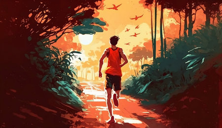 Digital painting of a young man running in a tropical forest at sunsetの素材