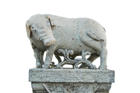Pig statue. Close up of beautiful old pig doll face area, sculpture statue about religious beliefs in Muslim god of Thailand. religion concept.clipping pathの写真素材