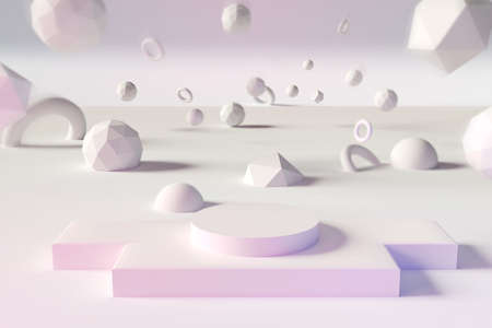 Abstract geometry shape pink background. selective focus of podium minimalist mock up scene. 3d rendering.の写真素材