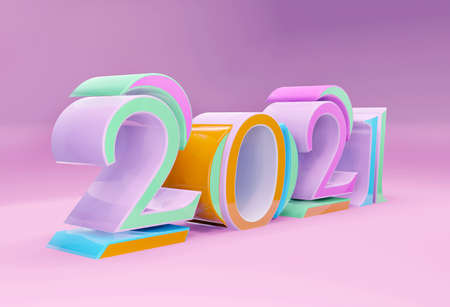 2021 new year concept. 2021 new year text pastel colorful isolated on Purple background. 3d...