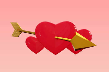 3D rendering of the Heart with an golden cupid arrow isolated on pink background valentine concept.の写真素材