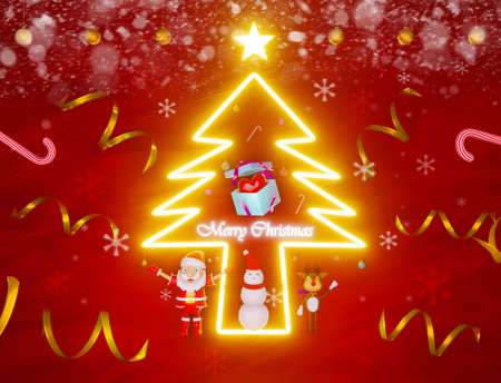 Merry Christmas and Happy New Year with santa claus and  cute reindeer and pine tree glowing  .3D illustration.の写真素材