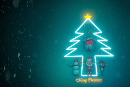 Merry Christmas and Happy New Year with santa claus and  cute reindeer and pine tree glowing and the gift with red heart   .3D illustration.の写真素材