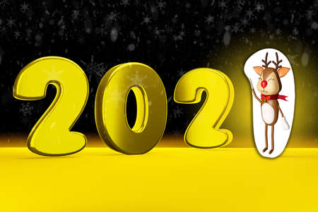 2021 golden bold word 3d illustration with cute reindeer  on black background with snowflake.の写真素材