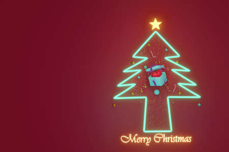 Merry Christmas and Happy New Year With The pine tree glowing and the gift with red heart  for  text, banner, WEB on RED background  .3D illustration.の写真素材
